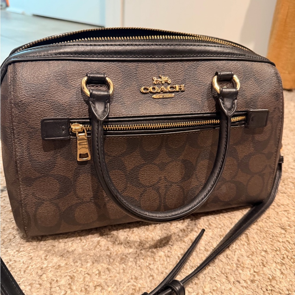 Coach Brown Signature Crossbody Satchel with Black Trim and Gold Hardware